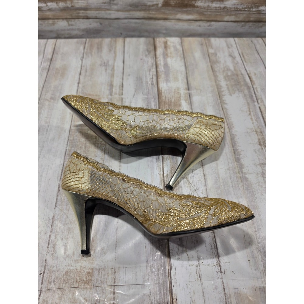 Stuart Weitzman Mr Seymour Gold Mesh Lace Pumps Heels 7W Vintage Made in Spain - Picture 8 of 12